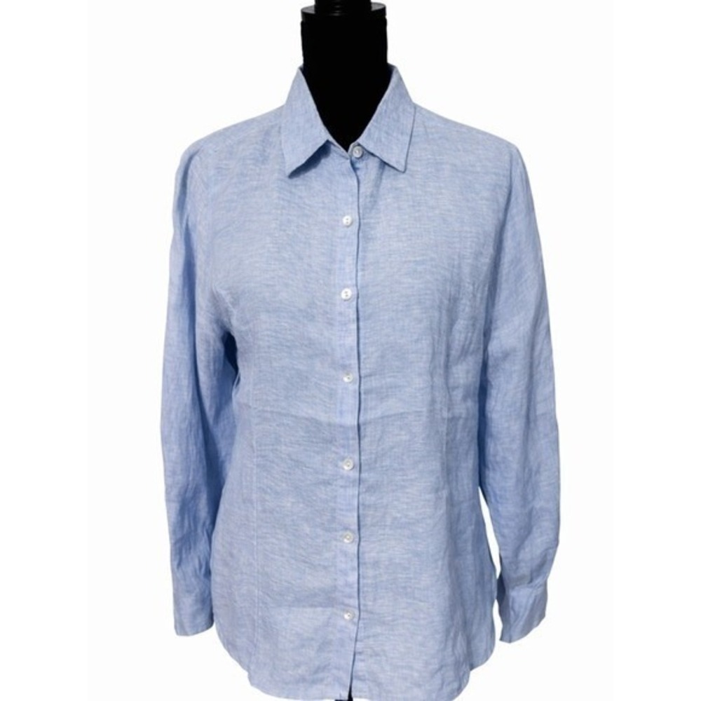 TAHARI Button Down Shirt Womens Medium Blue RN75343 100% Linen Luxe Lin‎